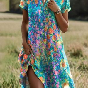 Women Floral Short Sleeve Summer Dress Shirt Collar Daily Casual Midi A-Line Dress, JustFashionNow Dresses, color:Green|size:4XL,