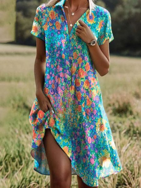 Women Floral Short Sleeve Summer Dress Shirt Collar Daily Casual Midi A-Line Dress, JustFashionNow Dresses, color:Green|size:4XL,