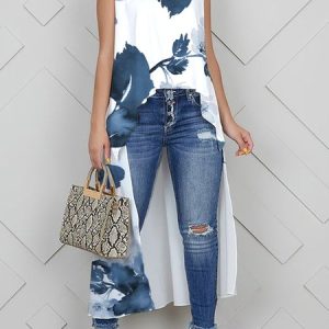 Loose Casual Floral Crew Neck Tank Top, Tanks and Camis, color:white-blue|size:XXL, Stylewe