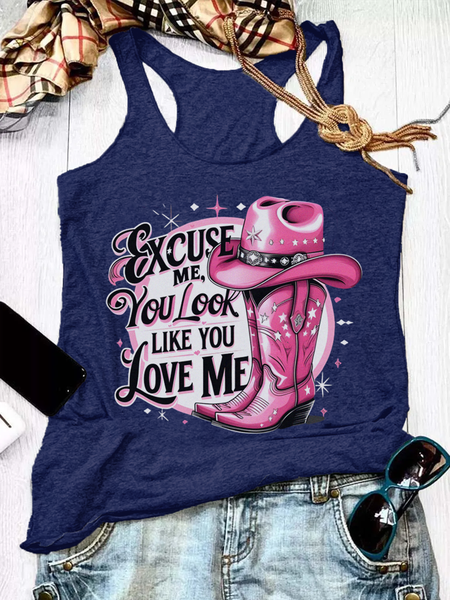 Women Sleeveless Tank Top Camisole Summer Letter Pattern U-Neck Holiday Casual Top, JustFashionNow Tanks & Camis, color:Navyblue|size:3XL,