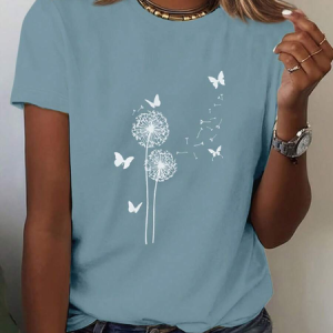 Women Floral Short Sleeve Tee T-shirt Crew Neck Printing Casual Summer Graphic Tee Top, JustFashionNow T-Shirts, color:Blue|size:XXL