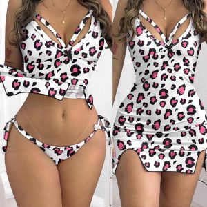 Leopard Print Spaghetti Strap V Neck Babydoll Sexy Slit Sleepwear with Panty, women Night Dresses, ChicMe catalog