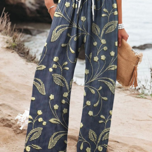 Women Floral Long Pant Casual Spring/Fall Trousers, JustFashionNow Pants, color:Purplish Blue|size:4XL,