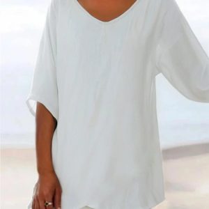 Women Plain Short Sleeve Shirt Summer V Neck Daily Casual Top, JustFashionNow Blouses, color:White|size:3XL