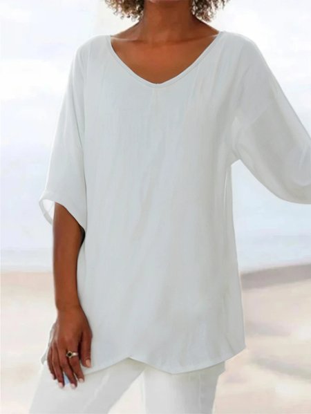 Women Plain Short Sleeve Shirt Summer V Neck Daily Casual Top, JustFashionNow Blouses, color:White|size:3XL