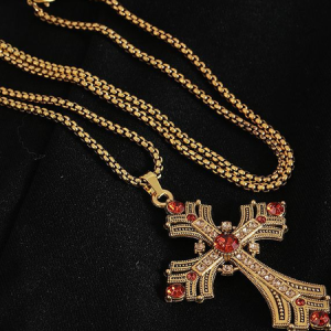 2025 New Retro Diamond Necklace Rhinestone Long Cross Pendant Sweater Chain Fashion Advanced Punk Necklace, JustFashionNow Necklaces, color:Red|size:One-size,