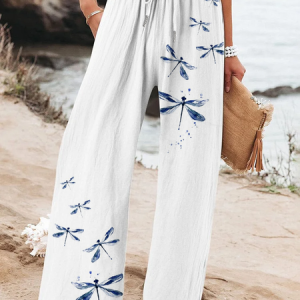 Women Dragonfly Long Pant Casual Spring/Fall Trousers, JustFashionNow Pants, color:White|size:4XL,