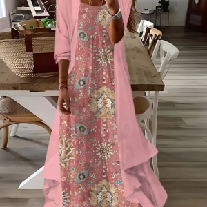 Women Floral Printing Two-Piece Set Daily Three Quarter Sleeve Casual Spring/Fall Dress With Coat Matching Set, JustFashionNow 2-Piece Dresses, color:Pink|size:XXL,
