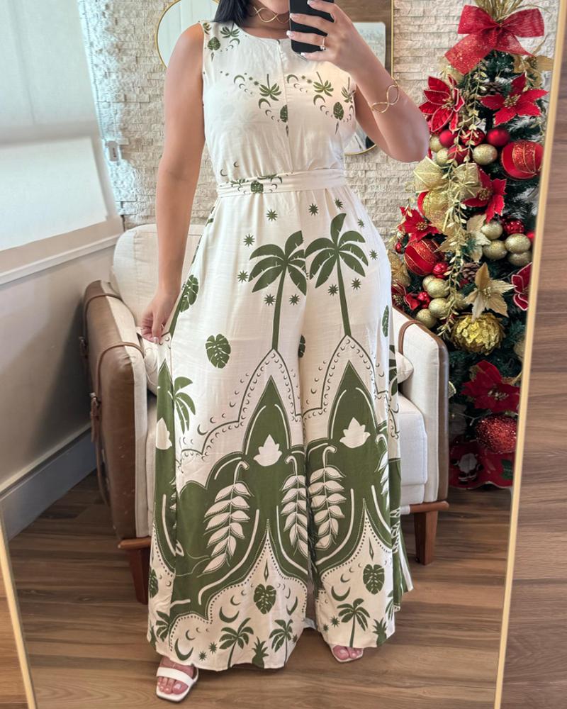 Tropical Print Round Neck Sleeveless Tied Detail Jumpsuit, women Jumpsuits, ChicMe catalog