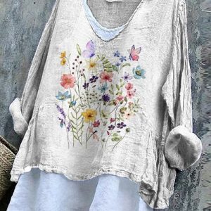 Casual Floral V Neck Long Sleeve T-shirt, T-shirts, color:White|size:4XL, catalog Noracora shop