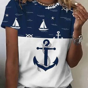 Women's Anchor Short Sleeve Tee T-shirt Crew Neck Printing Casual Summer Graphic Tee Top, JustFashionNow T-Shirts, color:Purplish Blue|size:XXL