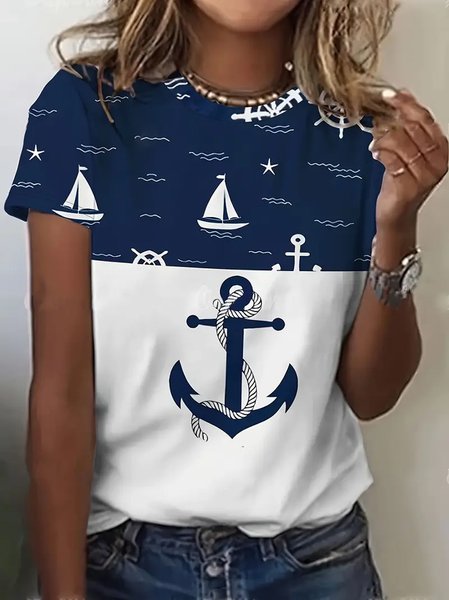 Women's Anchor Short Sleeve Tee T-shirt Crew Neck Printing Casual Summer Graphic Tee Top, JustFashionNow T-Shirts, color:Purplish Blue|size:XXL