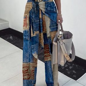 Casual Denim Print Graphic Straight Pants, Pants, color:Blue|size:XXL, Stylewe