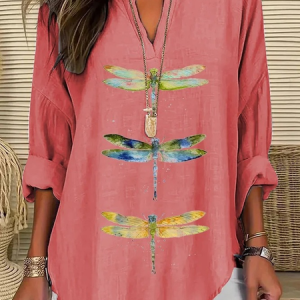 V Neck Long Sleeve Dragonfly Printing Regular Loose Blouse For Women, Blouses, color:Red|size:5XL, catalog Noracora shop