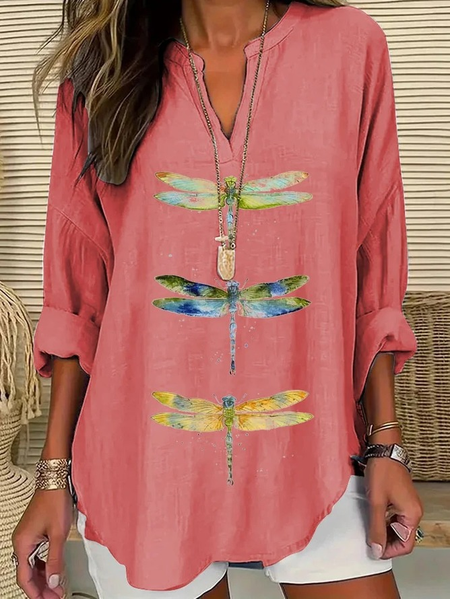 Women Dragonfly Long Sleeve Blouse Spring/Fall Printing V Neck Daily Casual Top, JustFashionNow Shirts, color:Red|size:5XL,