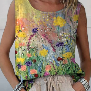 Women Sleeveless Tank Top Camisole Summer Floral Printing Crew Neck Daily Casual Top, JustFashionNow Tanks & Camis, color:As Picture|size:4XL,