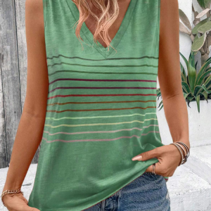 Striped Casual V Neck Loose Tank Top, Tank Tops, Lilicloth.com