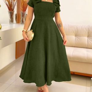 Square Neck Short Sleeve Casual Shirred Dress, women Midi Dresses, ChicMe catalog