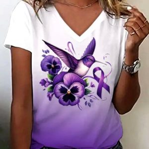 Casual Floral V Neck Short Sleeve T-shirt, T-shirts, color:Light Purple|size:4XL, catalog Noracora shop
