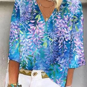 Shawl Collar Half Sleeve Floral Regular Loose Blouse For Women, Blouses, color:Blue|size:3XL, catalog Noracora shop