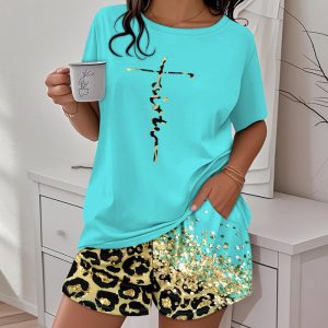 2 Pieces Outfit Letter print Round Neck Short Sleeve Top and Leopard Print Shorts Set Loungewear Pajamas Set, women Pajamas Sets, ChicMe catalog