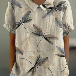Women Dragonfly Short Sleeve Shirt Summer Printing Shawl Collar Daily Casual Top, JustFashionNow Shirts, color:Apricot|size:5XL,