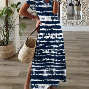 Women Abstract Short Sleeve Summer Printing Dress V Neck Daily Casual Maxi X-Line Dress, JustFashionNow Casual Dresses, color:Purplish Blue|size:3XL,