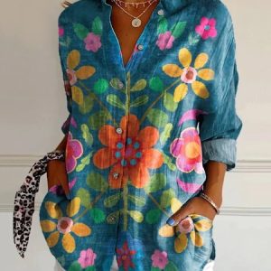 Casual Floral Print Comfy Loose Long Sleeve Shirt For Women, Shirts, color:Green|size:4XL, catalog Noracora shop