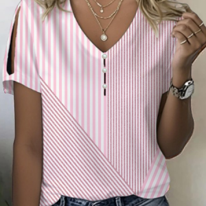 Women Striped Short Sleeve Tee T-shirt V Neck Printing Casual Summer Graphic Tee Top, JustFashionNow T-Shirts, color:Pink|size:5XL