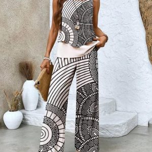 Women Floral Two-Piece Set Daily Sleeveless Casual Summer Matching Set, JustFashionNow Suit Set, color:Apricot|size:4XL,