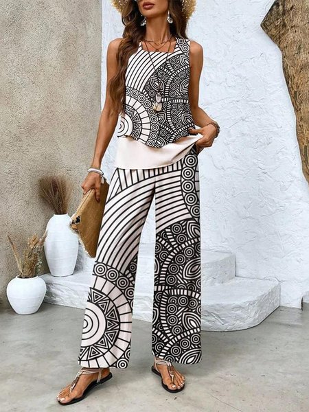 Women Floral Two-Piece Set Daily Sleeveless Casual Summer Matching Set, JustFashionNow Suit Set, color:Apricot|size:4XL,