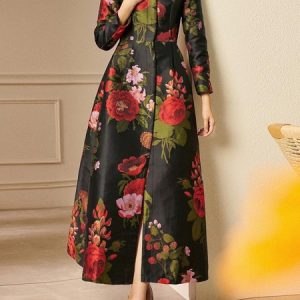 Regular Fit Crew Neck Elegant Regular Sleeve Trench Coat, Trench Coats, color:flower|size:XXL, Stylewe