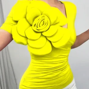 Urban Slim Fit 3D Floral V Neck T-shirt, Tees, color:Yellow|size:XXL, Stylewe