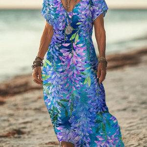 Women Floral Short Sleeve Summer Printing Dress V Neck Daily Casual Maxi X-Line Dress, JustFashionNow Casual Dresses, color:Blue Purple|size:3XL,