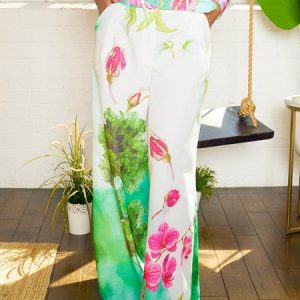 Vacation Floral Wide Leg Pants With Belt, Pants, color:As Picture|size:XXL, Stylewe