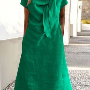 Women Plain Summer Knot Front Dress Short Sleeve H-Line Dress, Dresses, color:Green|size:5XL, catalog Noracora shop