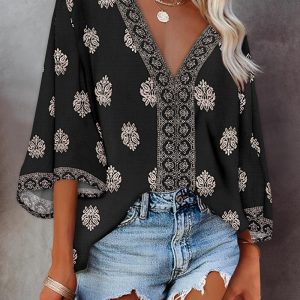Floral Print V Neck Long Sleeve Blouse Casual Loose Fit Top, women Blouses & Shirts, ChicMe catalog
