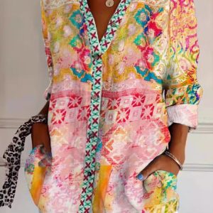 Women Ethnic Long Sleeve Shirt Spring/Fall Shirt Collar Daily Casual Top, JustFashionNow Blouses, color:Multicolor|size:XXL,