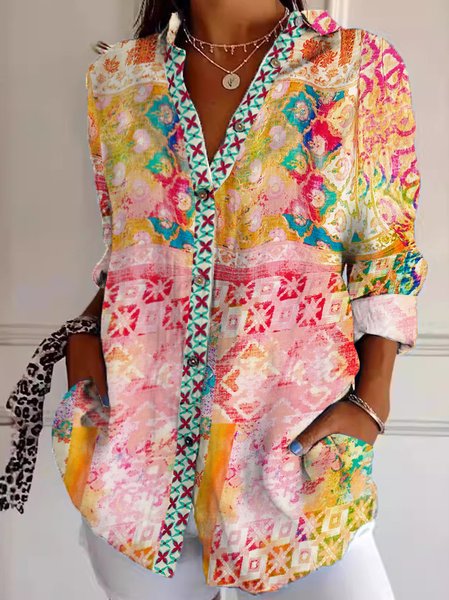 Women Ethnic Long Sleeve Shirt Spring/Fall Shirt Collar Daily Casual Top, JustFashionNow Blouses, color:Multicolor|size:XXL,