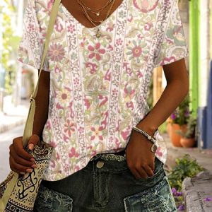 Casual Floral V Neck Short Sleeve T-shirt, T-shirts, color:Pink|size:5XL, catalog Noracora shop