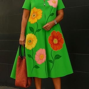 Casual Floral Printing Notched Loosen Midi Dress, Midi Dresses, color:Green|size:XXL, Stylewe