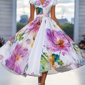 Elegant Floral Printing V Neck Maxi Party Dress, Maxi Dresses, color:As Picture|size:XXL, Stylewe
