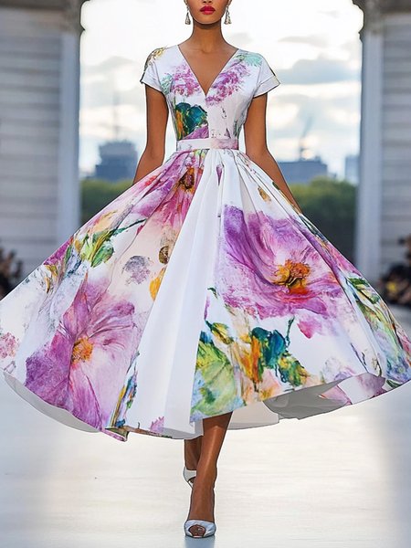 Elegant Floral Printing V Neck Maxi Party Dress, Maxi Dresses, color:As Picture|size:XXL, Stylewe