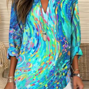 Shawl Collar Half Sleeve Abstract Geometry Regular Loose Blouse For Women, Blouses, color:As Picture|size:3XL, catalog Noracora shop