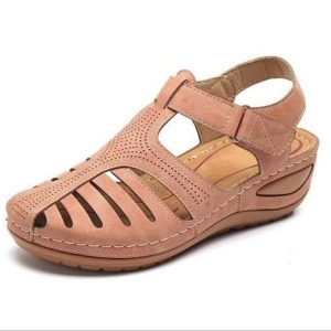 Vintage Plain Breathable Hook And Loop Low Heel Vented Clogs, Sandals, color:Pink|size:43, catalog Noracora shop
