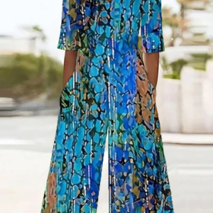 Women Abstract V Neck Half Sleeve Casual Summer Jumpsuit, JustFashionNow Jumpsuits＆Rompers, color:Cyan|size:4XL,