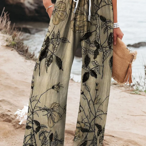 Women Floral Long Pant Casual Spring/Fall Trousers, JustFashionNow Pants, color:Khaki|size:4XL