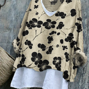 Vintage Floral V Neck Long Sleeve T-shirt, T-shirts, color:Black|size:4XL, catalog Noracora shop