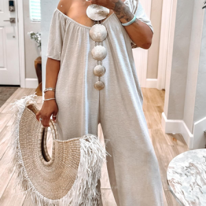 Cotton And Linen Vacation Plain V Neck Jumpsuit No Belt, Jumpsuits, color:As Picture|size:XXL, Stylewe