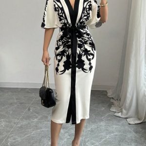 Plus Size Elegant Floral Printing V Neck Midi Dress With Belt, Plus Dresses, color:Black-white|size:4X, Stylewe